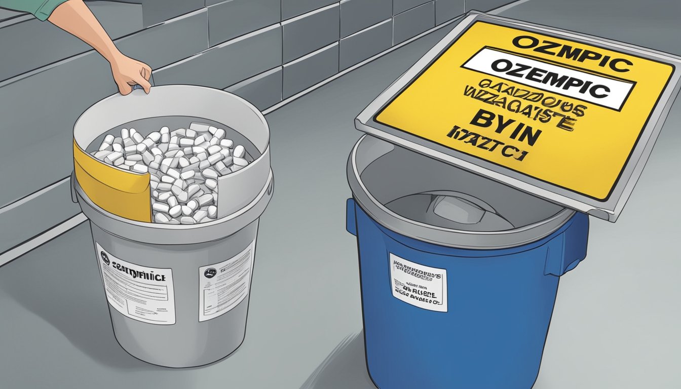 A person discarding a pill bottle labeled "Ozempic" into a hazardous waste bin, with a caution sign in the background