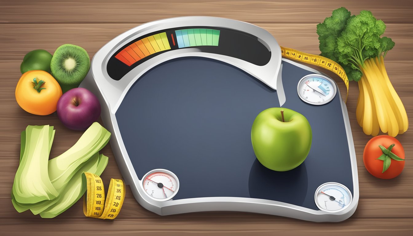 A scale surrounded by healthy food, exercise equipment, and a tape measure, with a chart tracking weight loss progress