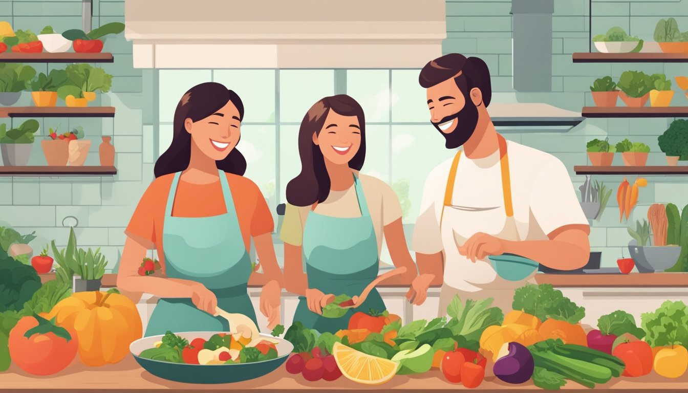 A couple cooking a healthy meal together, surrounded by fresh vegetables and fruits. They are smiling and enjoying each other's company