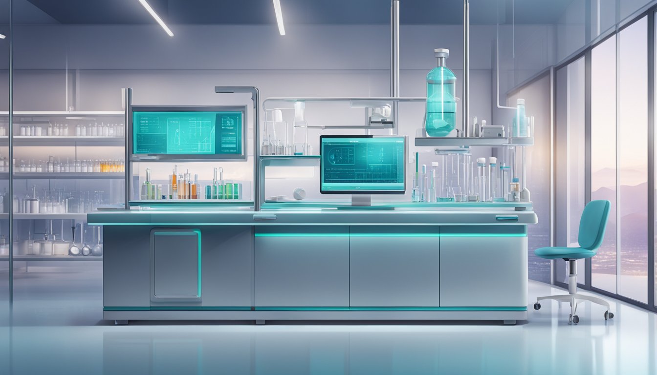 A futuristic laboratory with advanced medical equipment and a vial of Ozempic prominently displayed on a sleek, modern countertop