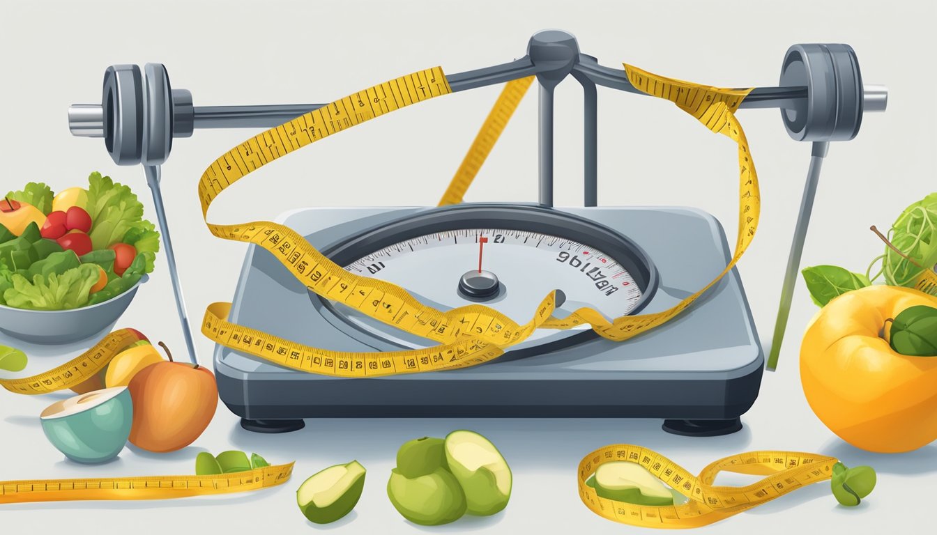 A scale surrounded by a tape measure, healthy food, and exercise equipment, symbolizing weight loss success beyond just numbers