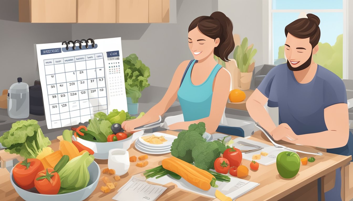 A couple preparing a healthy meal together, surrounded by exercise equipment and a calendar with weight loss goals marked