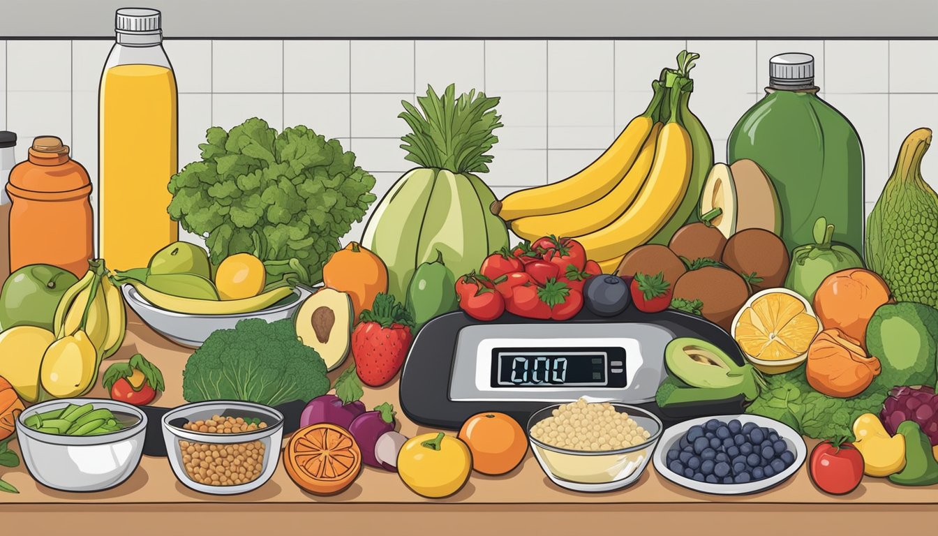 A kitchen counter with a variety of fresh fruits, vegetables, and lean proteins, alongside a bottle of Ozempic and a weight scale