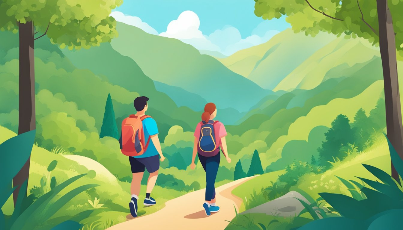 A couple hiking together in nature, surrounded by lush greenery and a clear blue sky. They appear happy and confident, symbolizing the positive impact of weight loss on their health and relationship