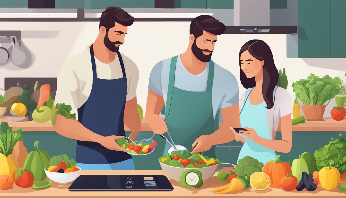 A couple cooking a healthy meal together, surrounded by fresh fruits and vegetables, with a fitness tracker and scale nearby