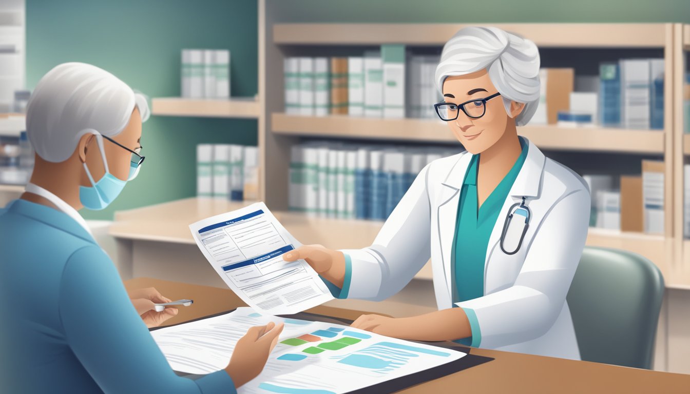 A pharmacist handing over a prescription bottle of Ozempic to a patient, with a poster of legal and regulatory guidelines in the background