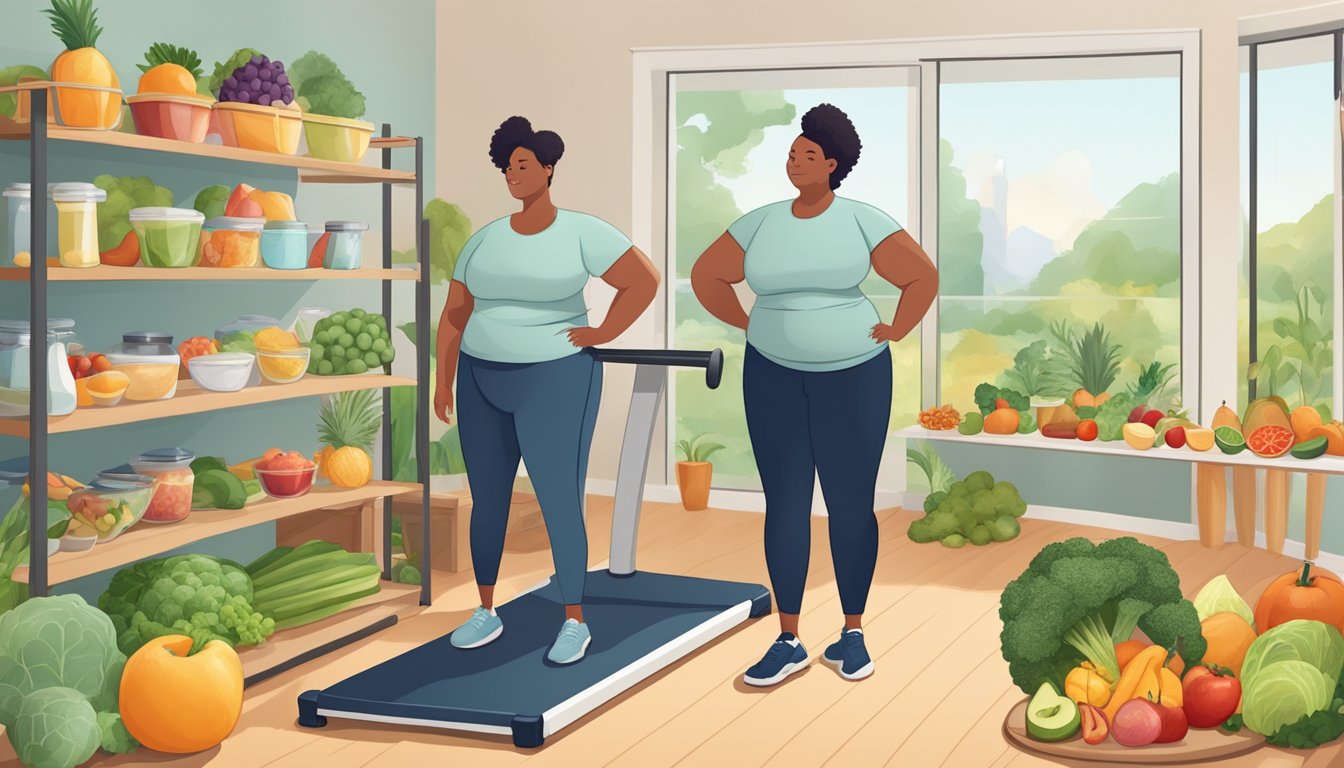 A couple stands side by side, surrounded by healthy food and exercise equipment, symbolizing their journey through weight loss together