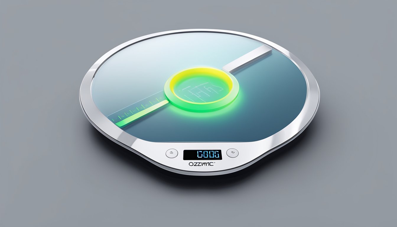 A futuristic digital scale with a glowing display tracking weight loss progress with the Ozempic logo prominently featured