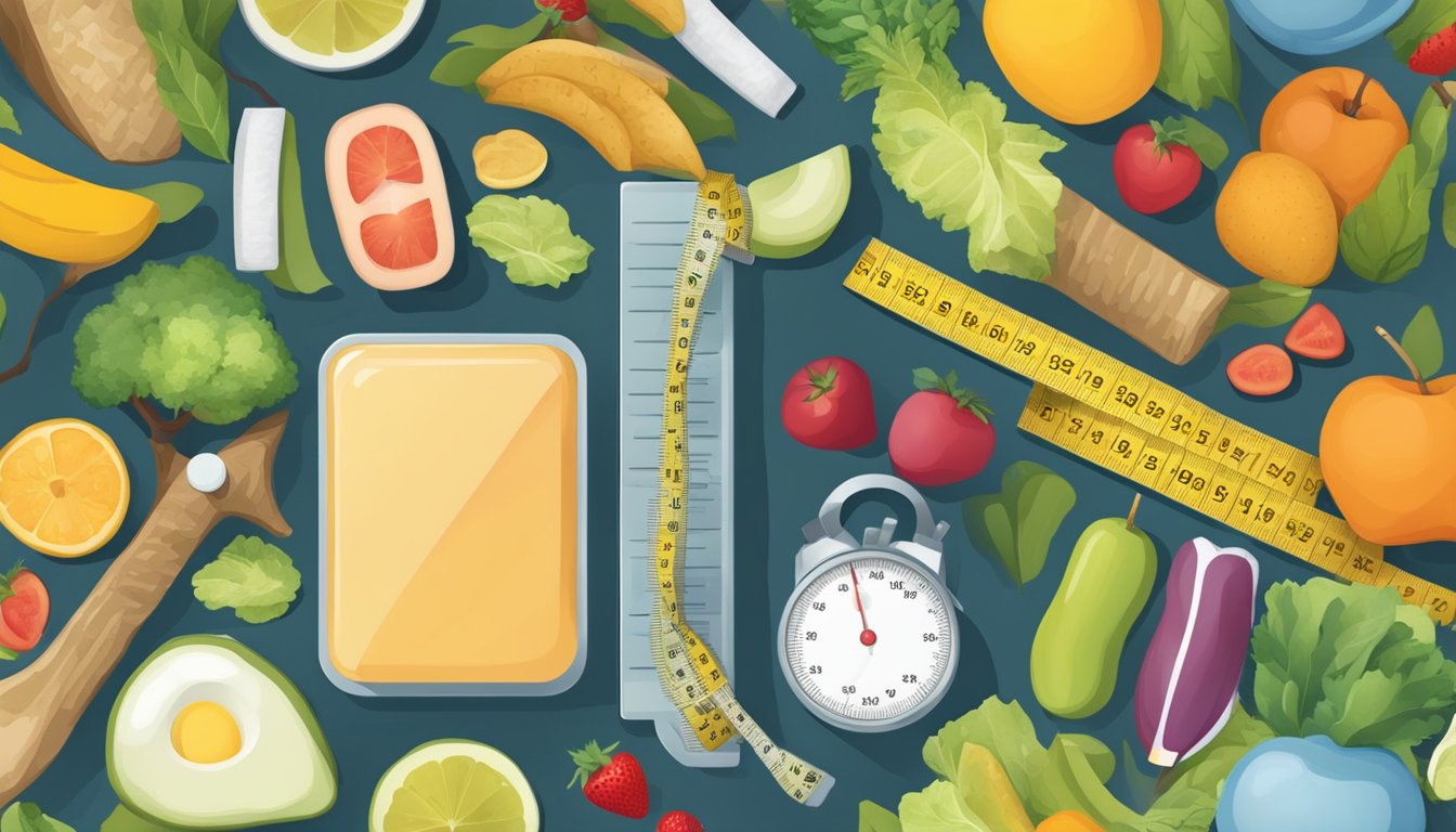 A scale surrounded by healthy food, exercise equipment, and a tape measure, symbolizing the journey toward a healthier life beyond weight loss