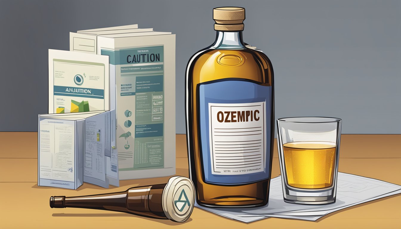 A bottle of Ozempic next to a glass of alcohol, with a caution sign and a medical pamphlet nearby