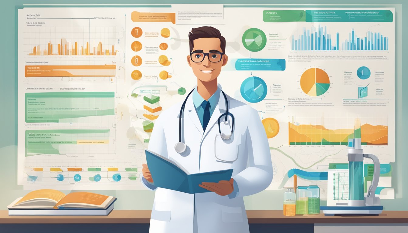 A doctor presenting a timeline of Saxenda's development, surrounded by medical charts and graphs, with a focus on the transition from diabetes treatment to weight loss wonder