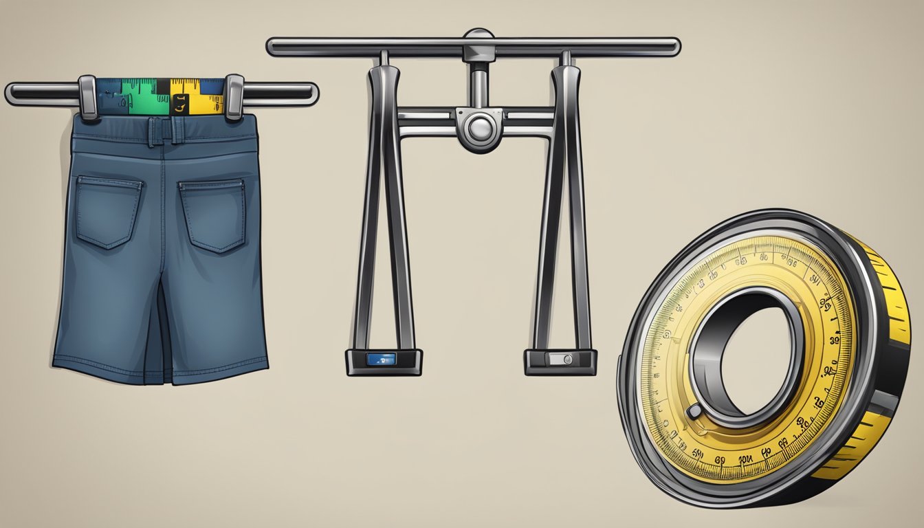 A scale with a decreasing number display, a tape measure, and a pair of pants getting looser