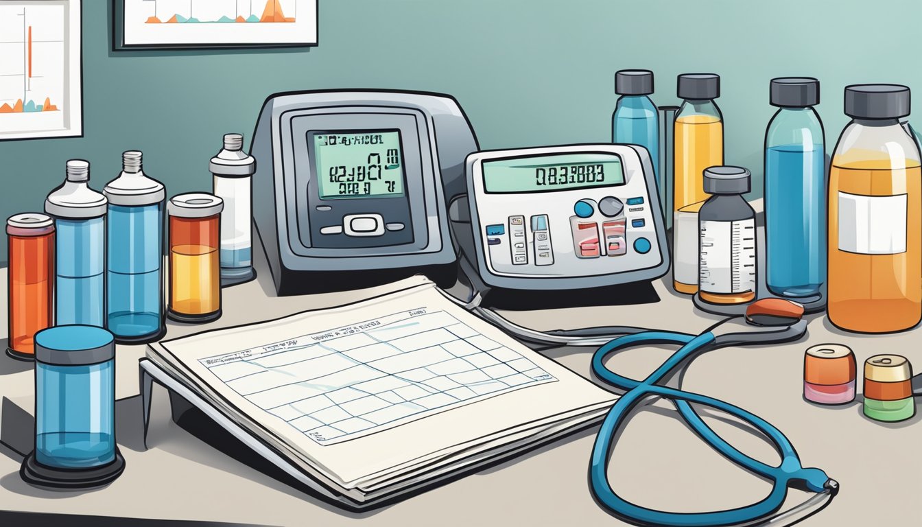 A doctor's office with a scale, blood pressure cuff, and prescription bottles. A graph shows a downward trend from diabetes to weight loss