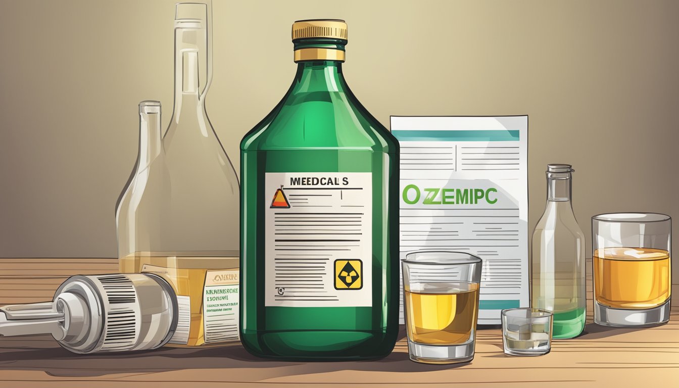 A bottle of Ozempic and a glass of alcohol on a table, with caution signs and medical pamphlets nearby