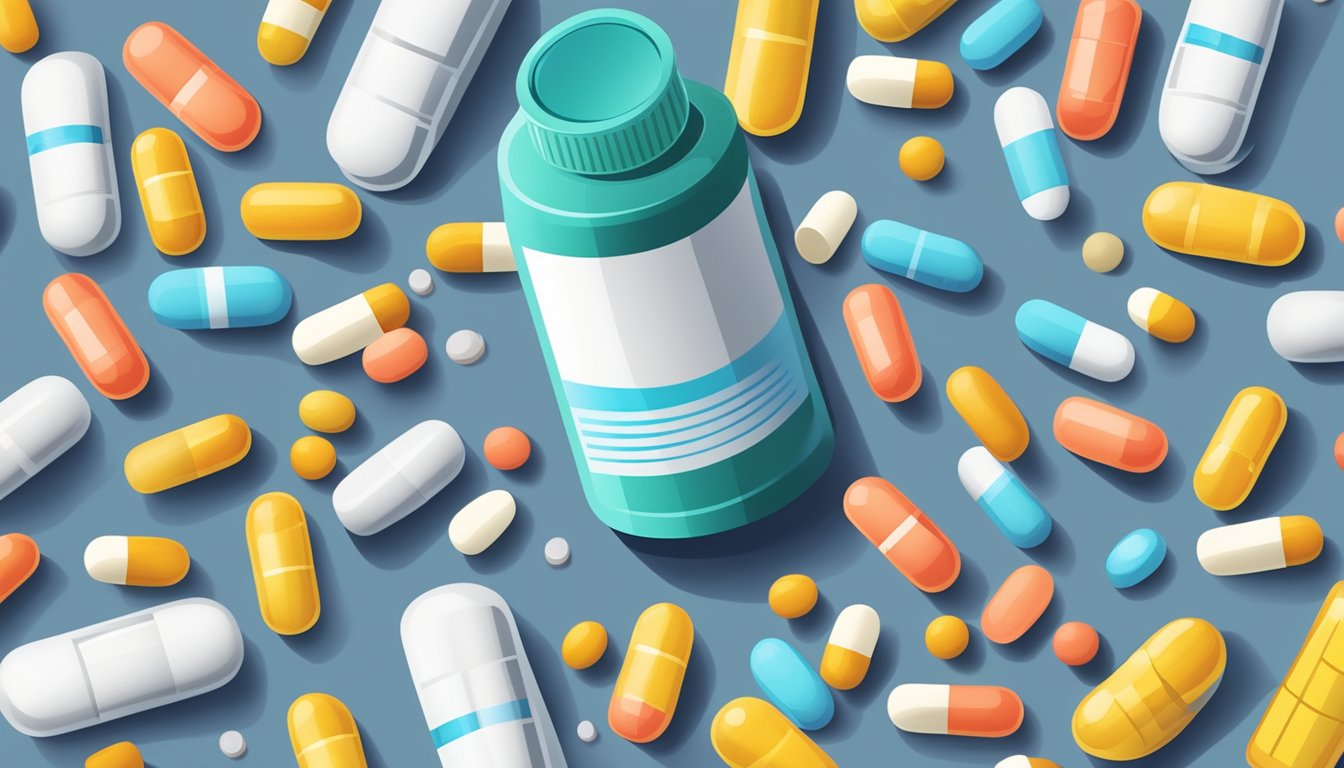 A colorful pill bottle surrounded by scattered pills and a medical pamphlet on a table