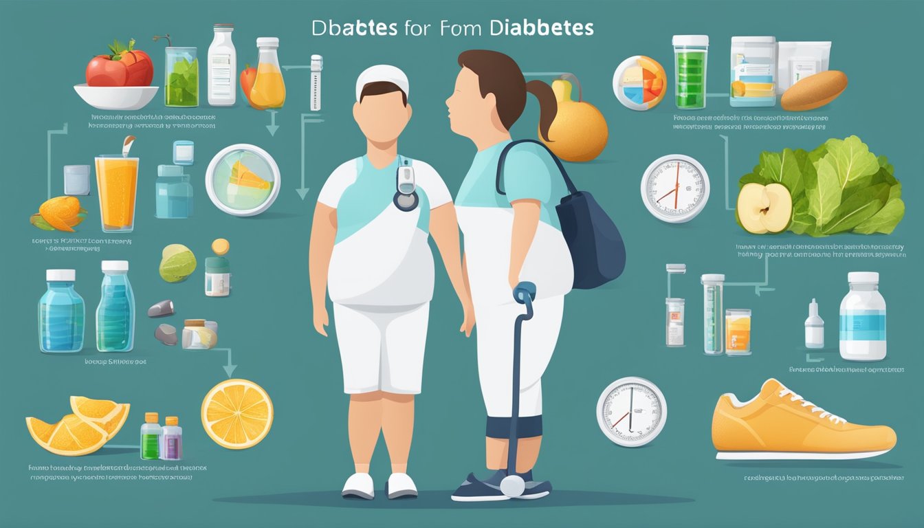 A person's journey from diabetes treatment to weight loss, symbolized by a progression from medical equipment to healthy lifestyle items