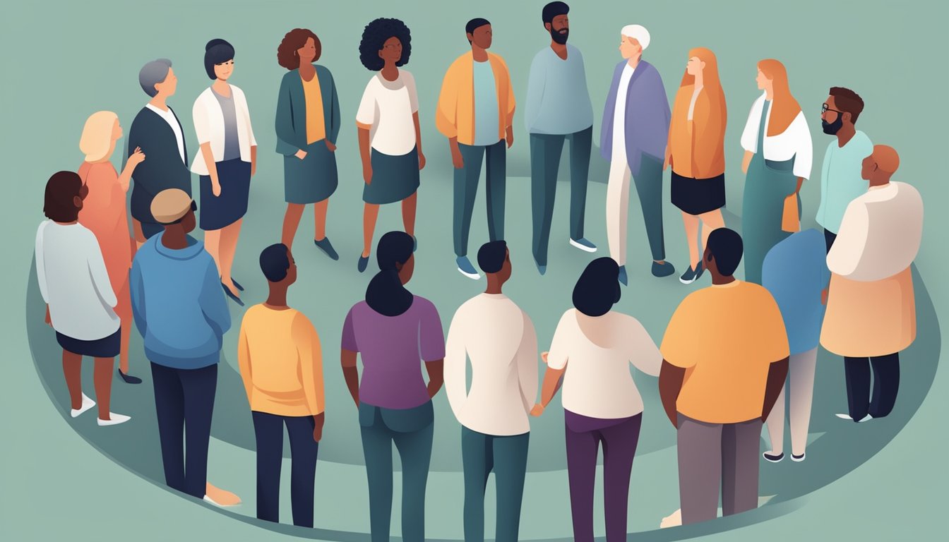 A diverse group of people with various health conditions and backgrounds, standing in a circle, as a sense of hope and transformation radiates from the center