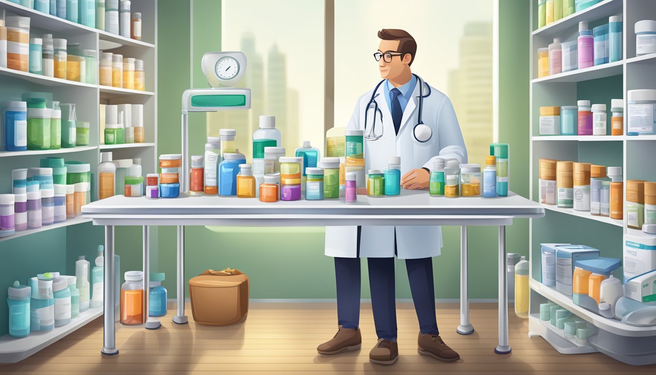 A doctor's office with various medications and treatments displayed on a table, showcasing the evolution of Saxenda from diabetes treatment to weight loss wonder