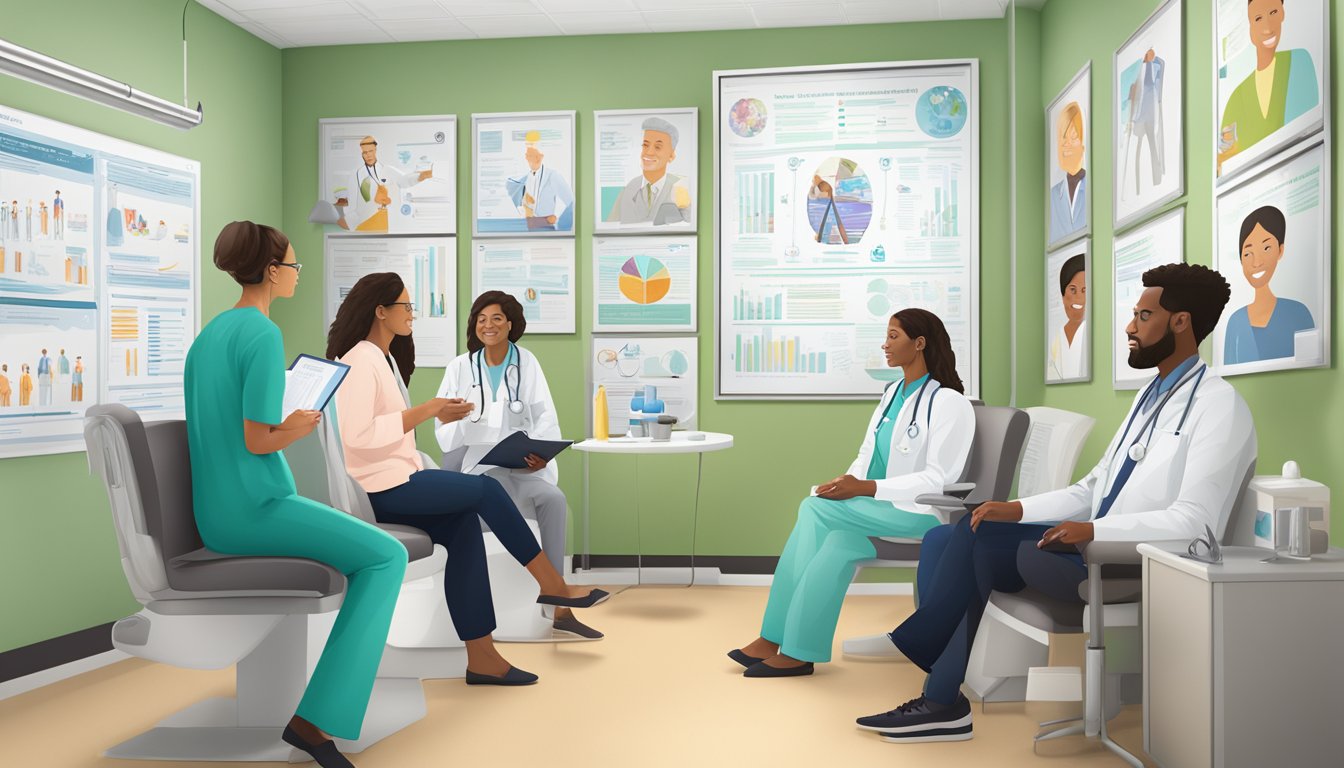 A doctor's office with a diverse group of patients discussing treatment options and a display of Saxenda evolution posters on the wall