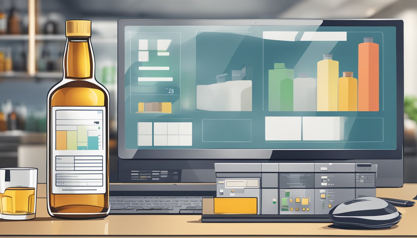 A bottle of Ozempic and a glass of alcohol sit on a countertop, with a computer displaying monitoring and management tools in the background