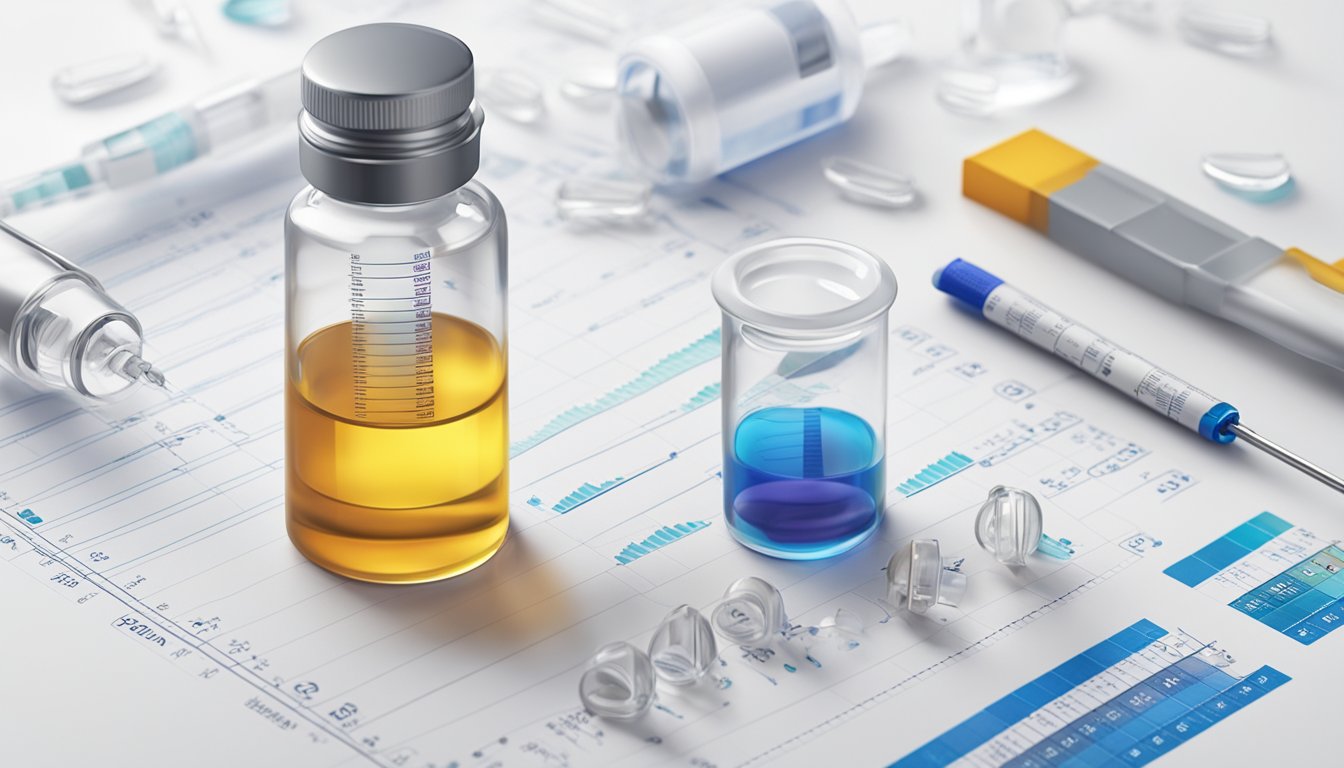 A colorful vial of Saxenda sits on a clean, white surface, surrounded by a set of measuring syringes and a dosage titration chart