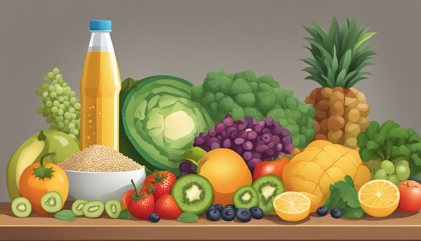 A colorful array of fresh fruits, vegetables, lean proteins, and whole grains arranged on a table, with a bottle of Saxenda nearby