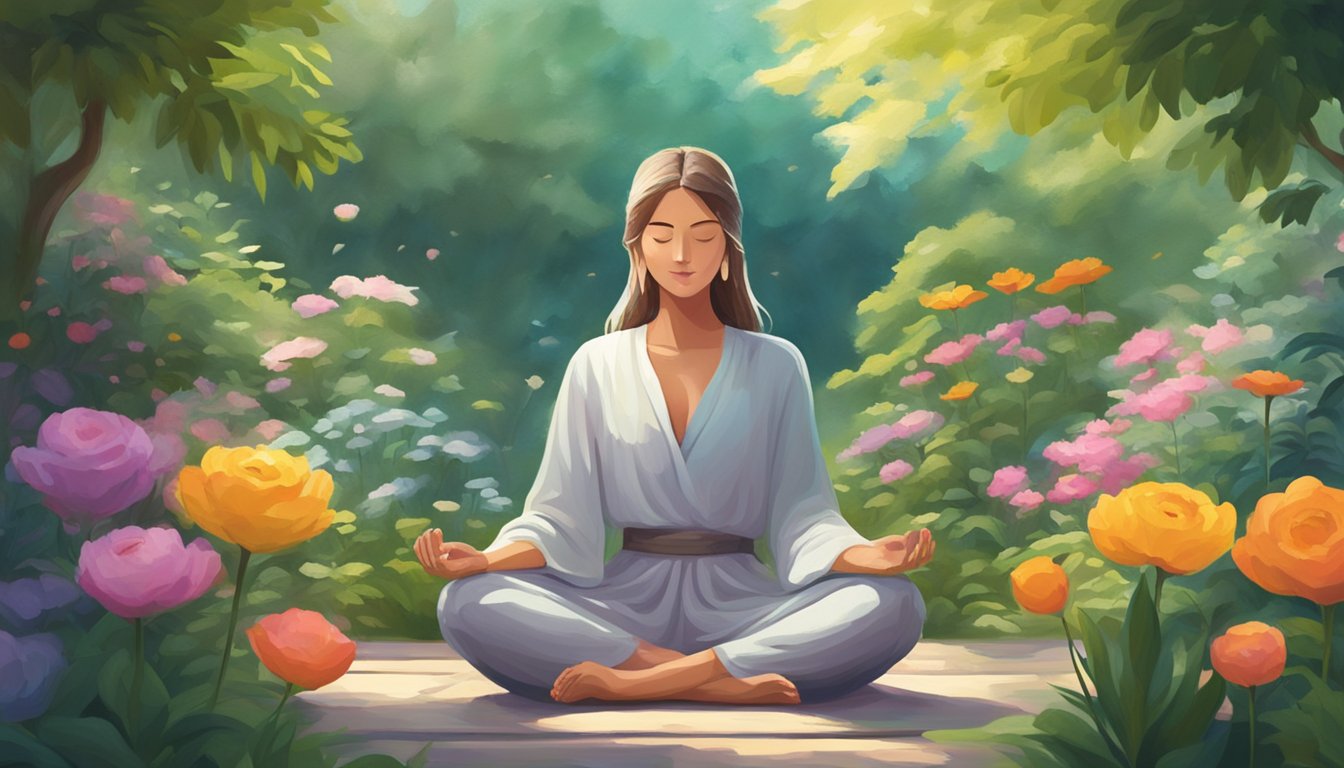 A serene figure meditates in a peaceful garden, surrounded by lush greenery and colorful flowers. The atmosphere is calm and tranquil, evoking a sense of mental well-being