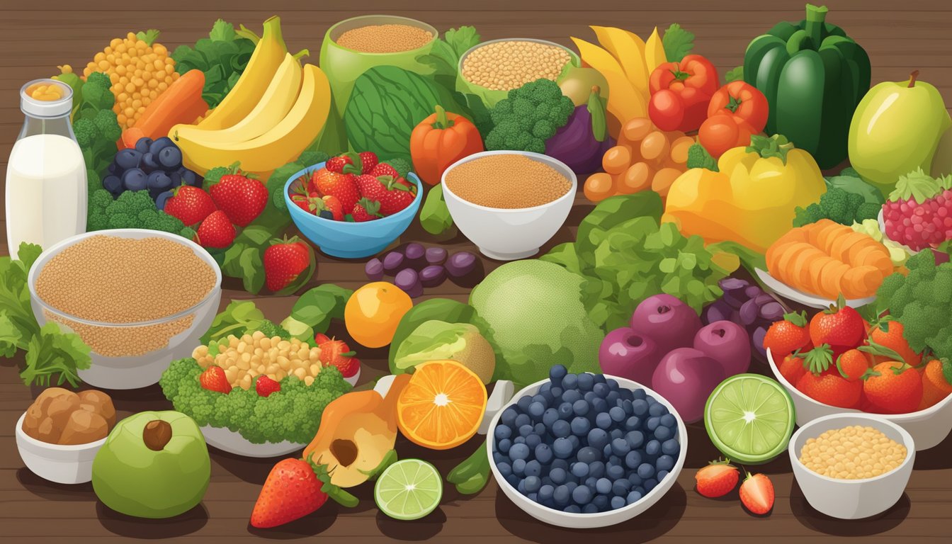 A colorful array of nutrient-dense foods, such as fruits, vegetables, lean proteins, and whole grains, arranged on a table