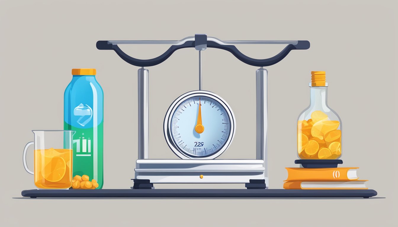 A scale with a decreasing number display, next to a bottle of Ozempic, surrounded by symbols representing mental health