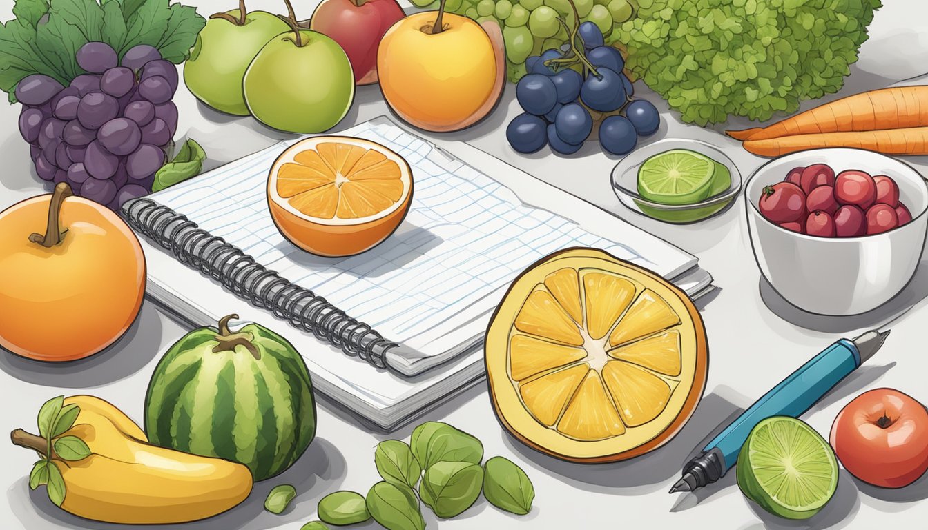 A colorful array of fresh fruits, vegetables, and lean proteins arranged on a kitchen counter, with a notebook and pen nearby for tracking progress and making adjustments