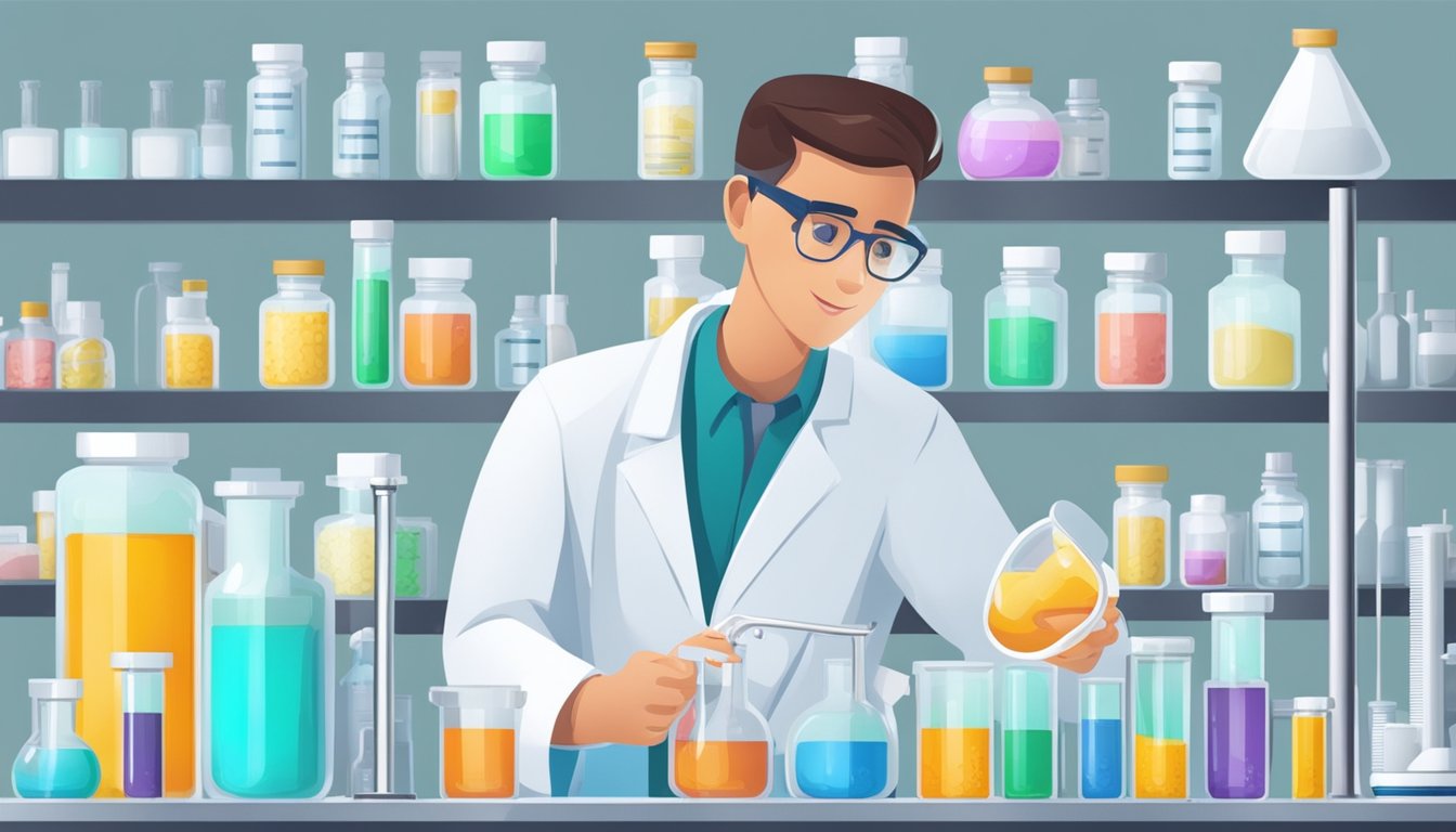 A pharmacist carefully measuring and pouring Saxenda solution into a graduated cylinder, surrounded by vials and medical equipment