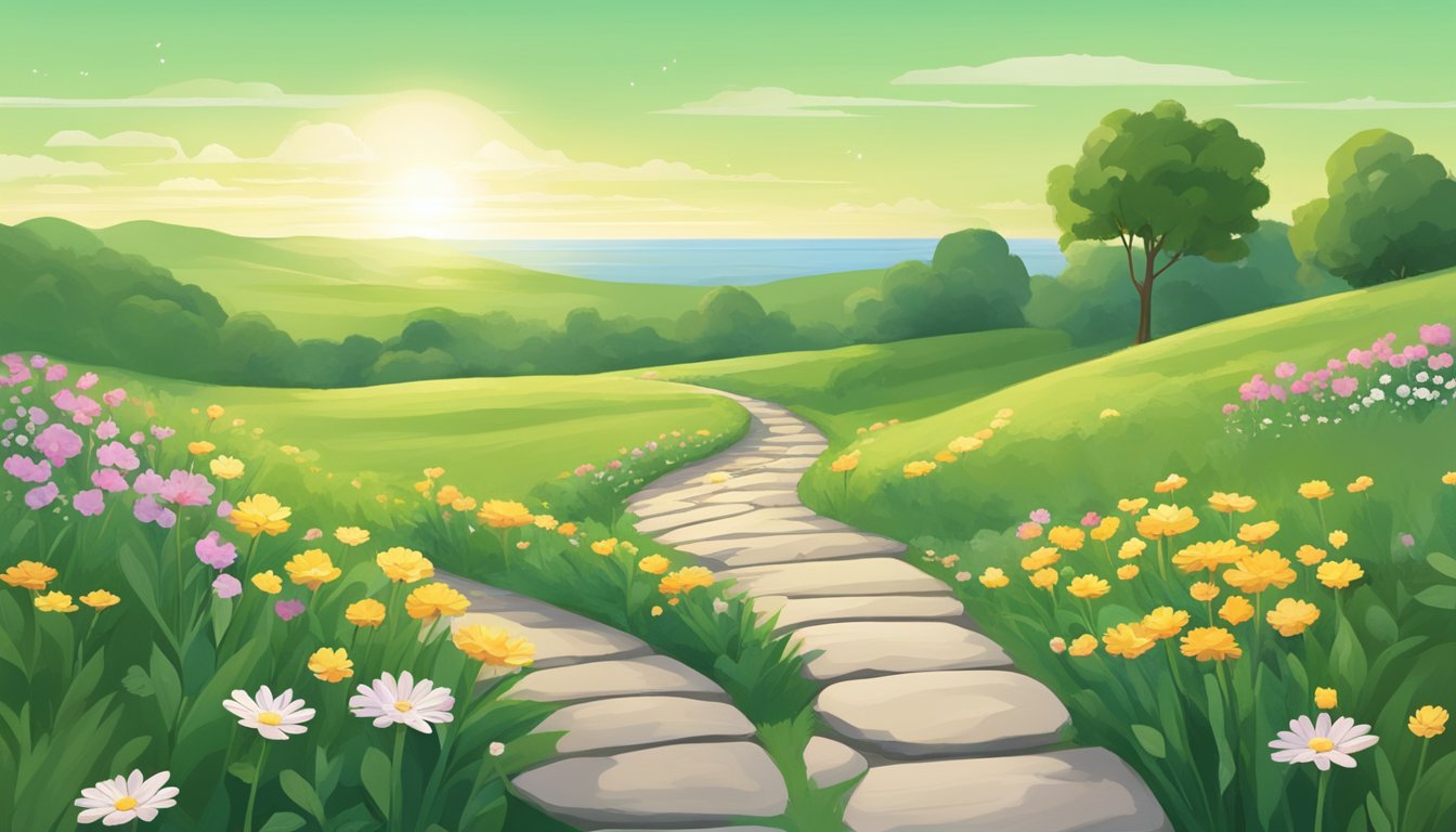 A serene, green landscape with a winding path leading towards a bright, hopeful horizon. A pill bottle sits on a rock, surrounded by blooming flowers and a sense of tranquility