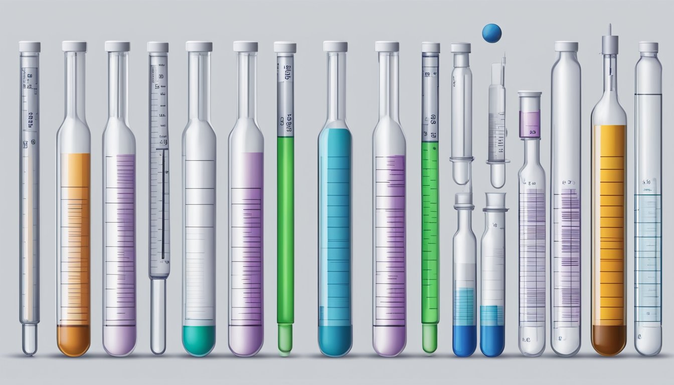 A series of vials and syringes arranged in a progression, with clear labels and dosage markings. A chart or graph showing the titration process