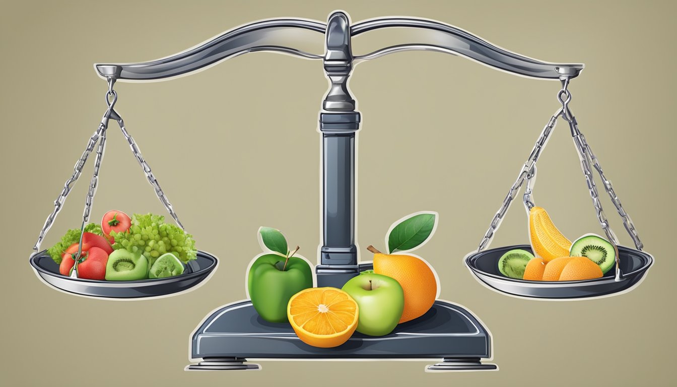 A scale with two sides, one labeled "Saxenda" and the other "Lifestyle Changes," balanced by healthy food and exercise equipment