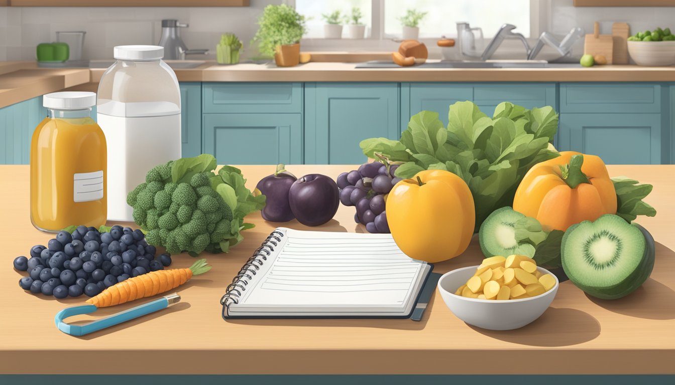 A kitchen counter with a variety of healthy foods and a prescription bottle of Saxenda, surrounded by exercise equipment and a journal for tracking progress