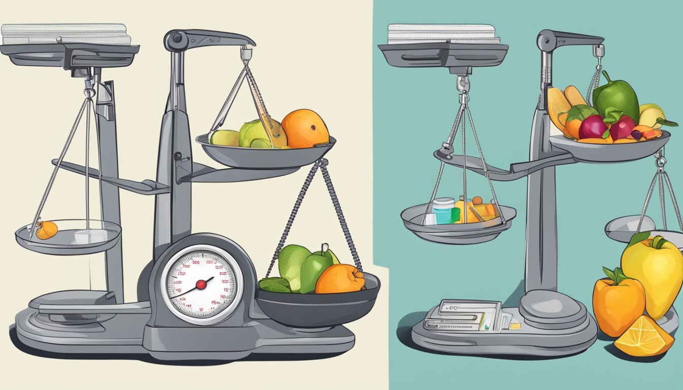 A scale with two sides: one labeled "Saxenda" and the other "Lifestyle Changes". A measuring tape and healthy food on one side, and a syringe and medication on the other