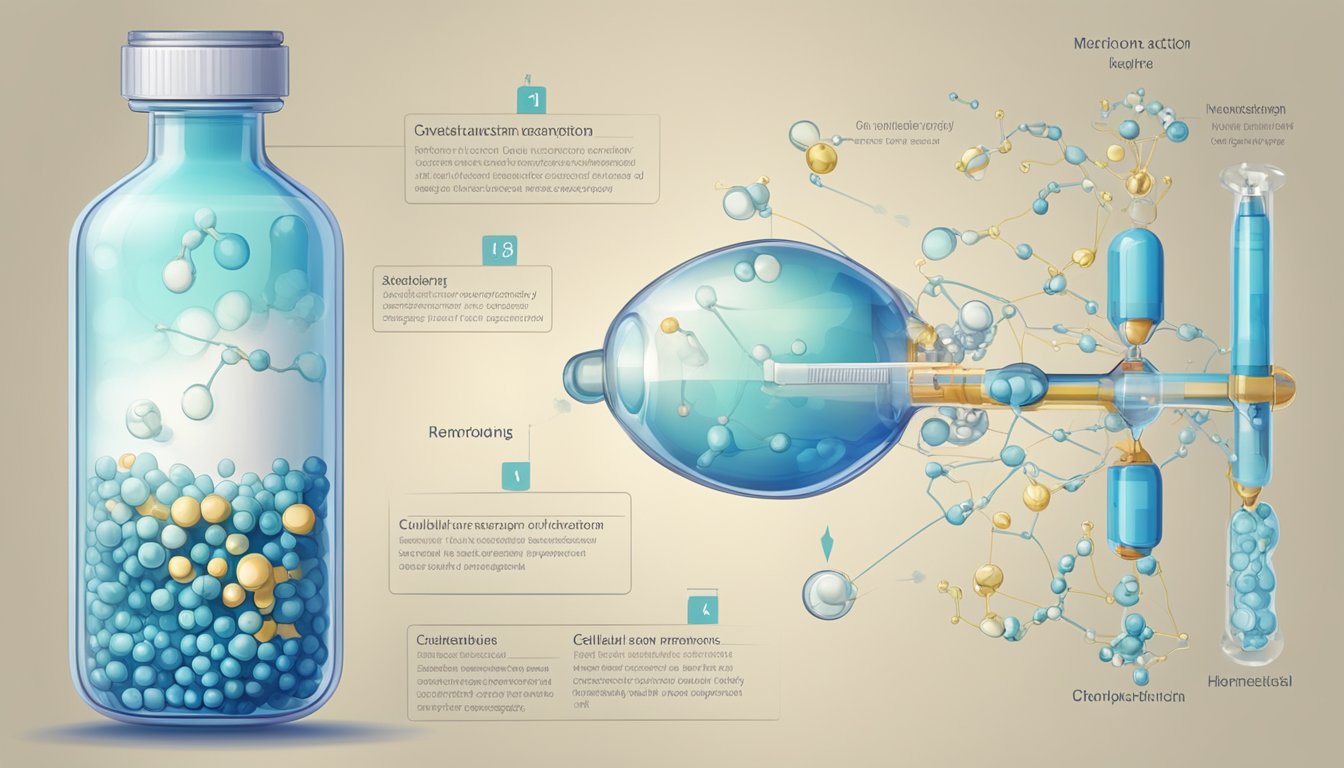 A vial of Ozempic next to a diagram showing its mechanism of action on a cellular level, surrounded by hormone molecules and receptors