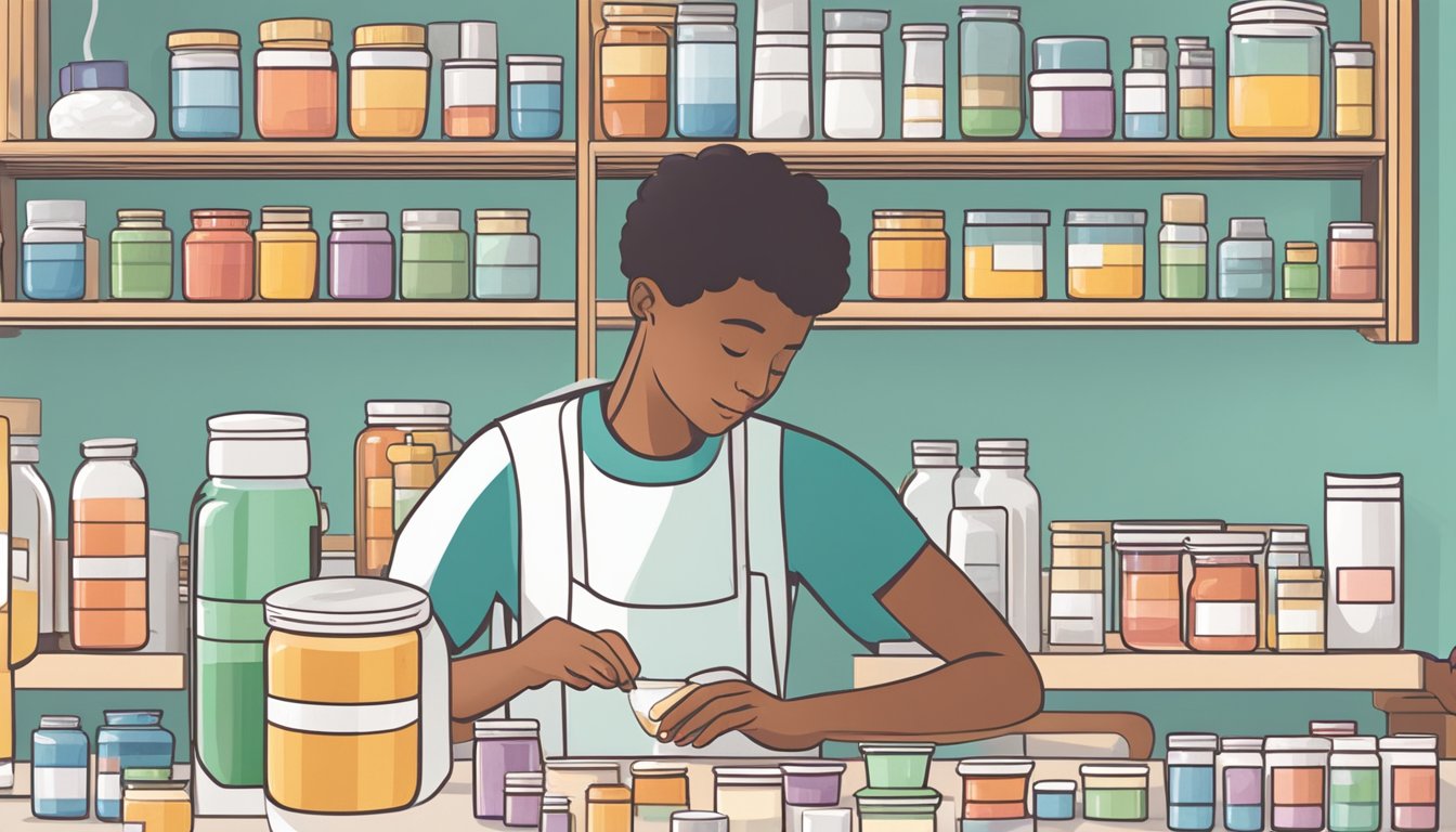 A person carefully organizing medication and supplements on a clean, well-lit countertop