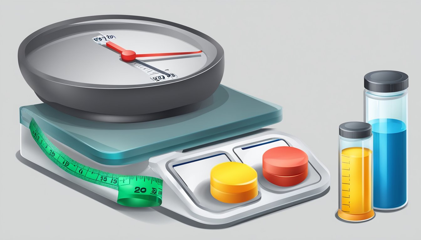 A scale with a downward arrow, a measuring tape, and a pill bottle