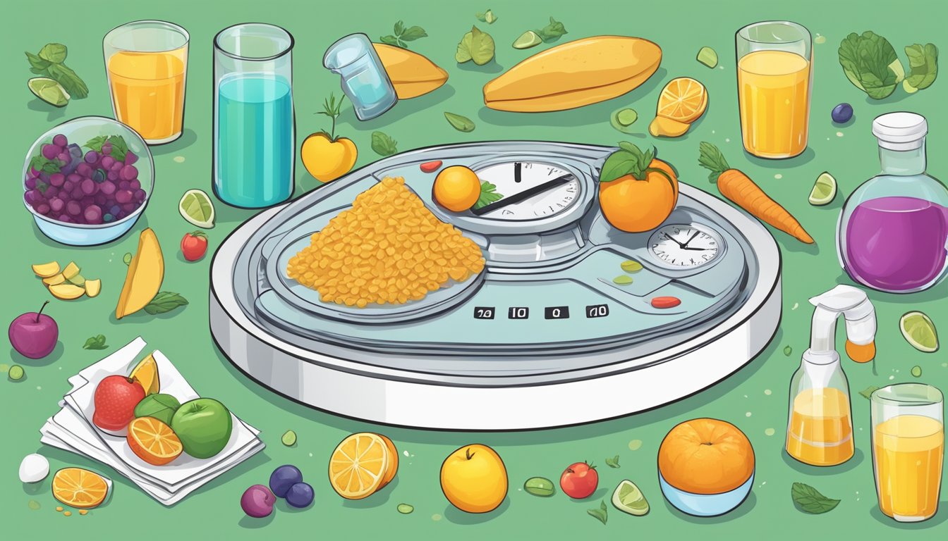 A scale tipping in favor of a healthy plate of food over a vial of Saxenda, surrounded by symbols of exercise and healthy living