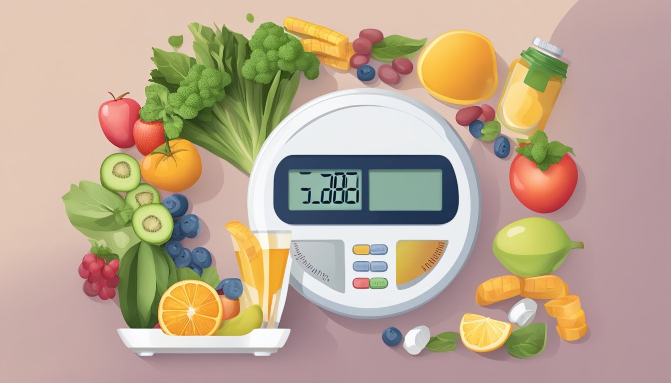 A scale with a pill bottle on one side and healthy foods on the other, symbolizing the comparison between Saxenda and lifestyle changes