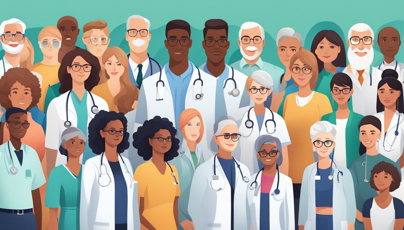 A diverse group of people of different ages, genders, and ethnicities, each with distinct physical characteristics, are gathered in a medical setting