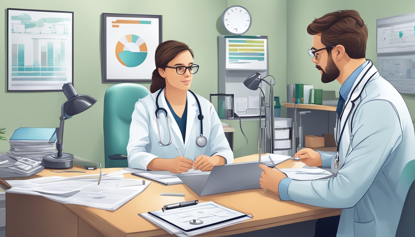 A doctor and a patient discussing medical information in an office setting with medical equipment and charts in the background