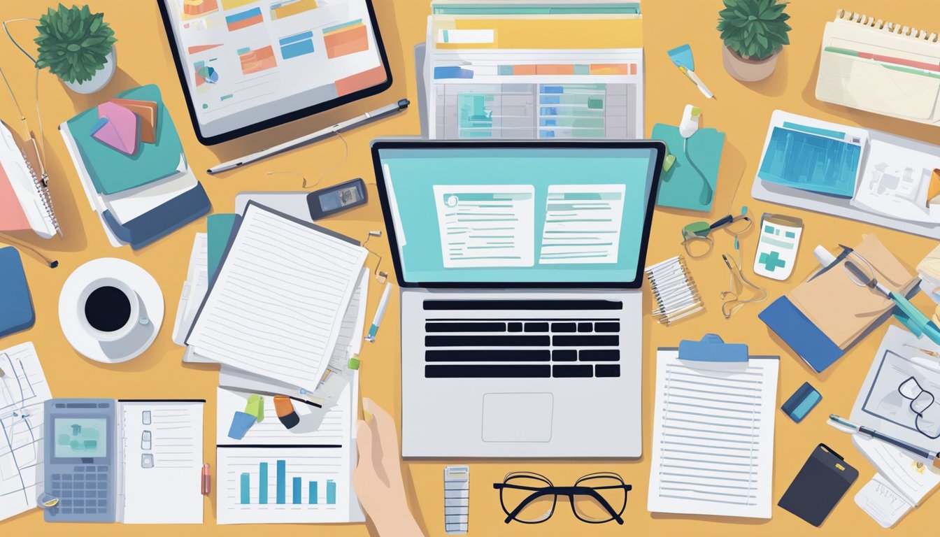 A person researching and organizing information about managing side effects, with a notebook, computer, and various medical resources spread out on a desk