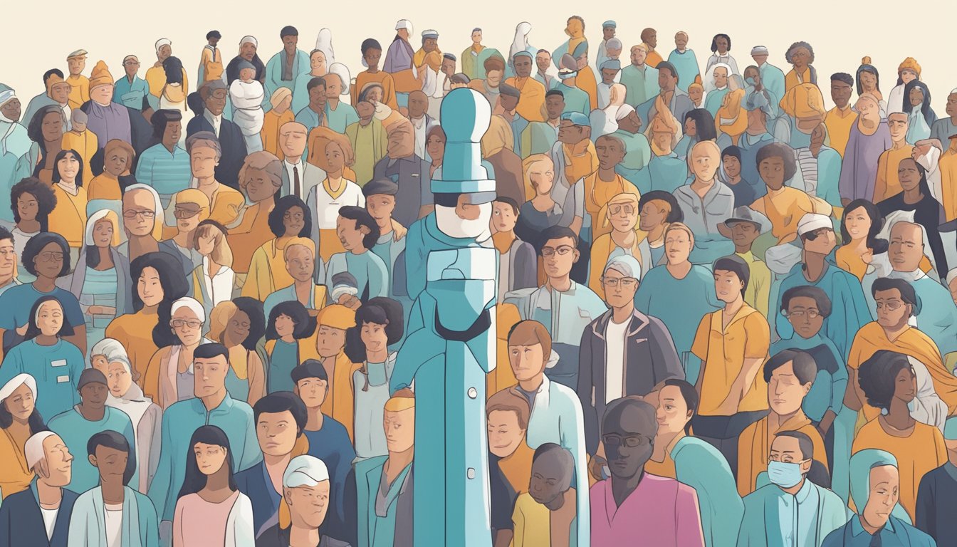 A personified Saxenda medication stands tall amidst a diverse group of people, each representing a different special population. The medication is surrounded by various side effects, depicted as obstacles to be overcome