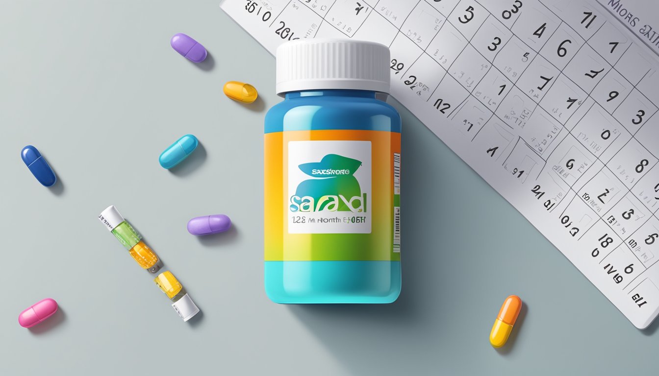 A colorful pill bottle with the brand name "Saxenda" and a calendar showing 12 months