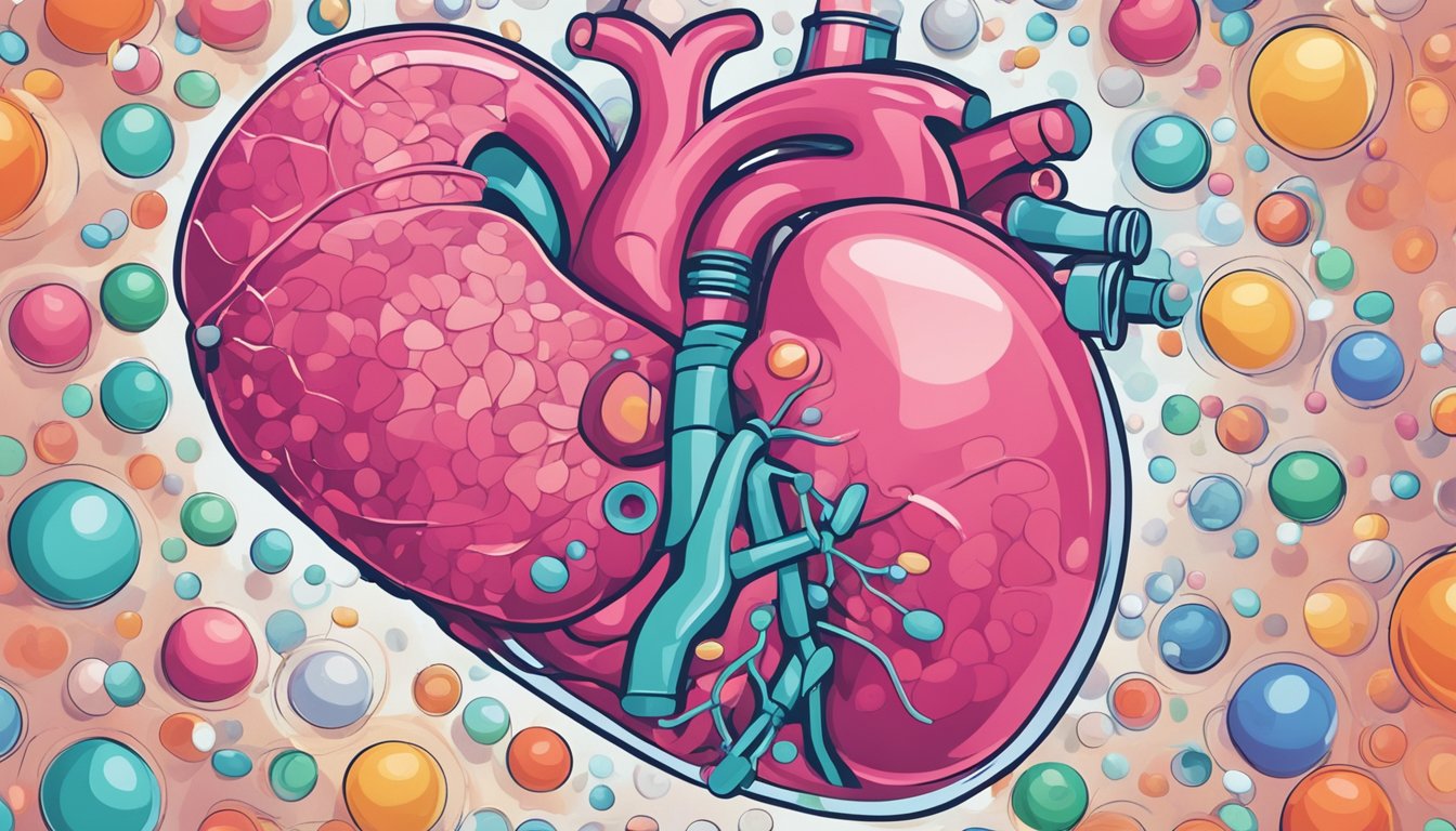 A heart surrounded by swirling hormone molecules, with a pill bottle nearby