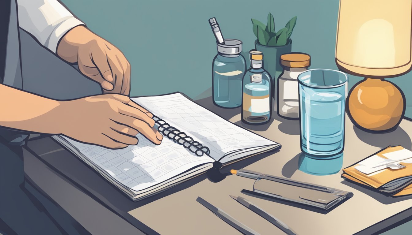 A person's hand reaching for a pill bottle, a glass of water, and a journal on a bedside table, with a calendar showing regular check-in appointments