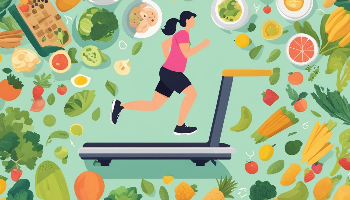 A person running on a treadmill while surrounded by healthy food options and a calendar marking one year