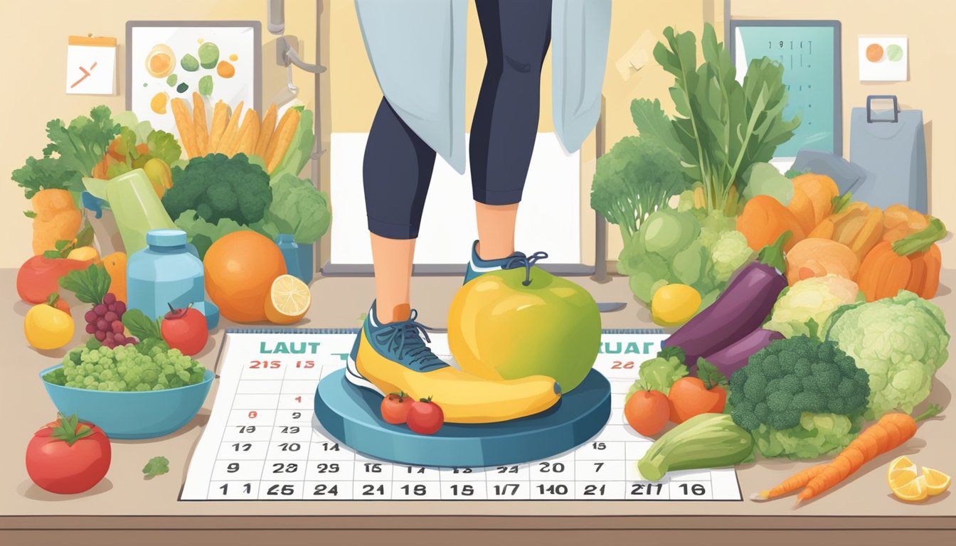 A person standing on a scale, surrounded by healthy food, exercise equipment, and a calendar marking one year